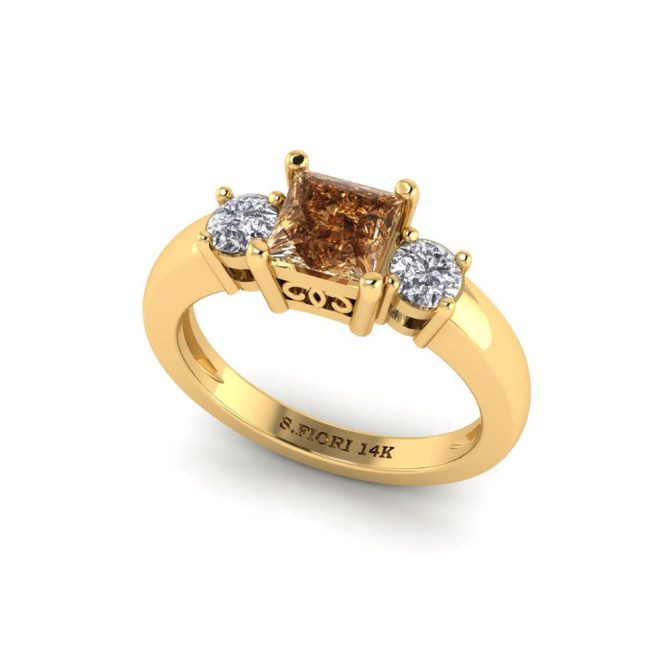 Yellow Gold Princess Cut Cognac Diamond Three Stone Ring