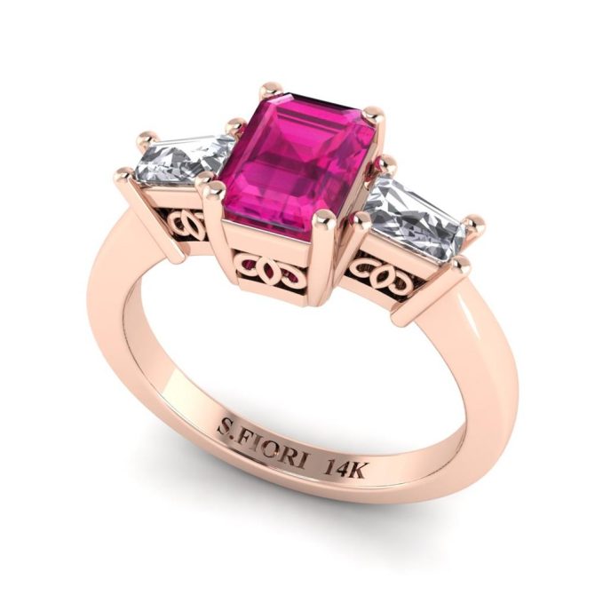 Rose Gold Emerald cut Cut Pink Sapphire Three Stone Ring