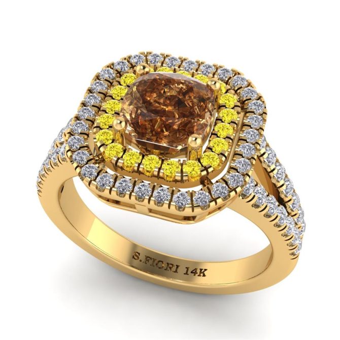 Yellow Gold Cushion Cut Cognac Diamond Ring