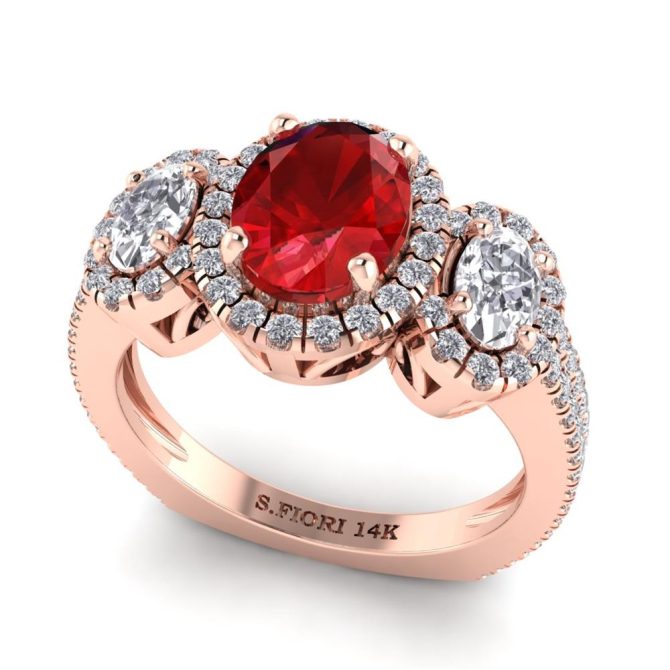 Rose Gold Oval Cut Red Ruby Three Stone Ring