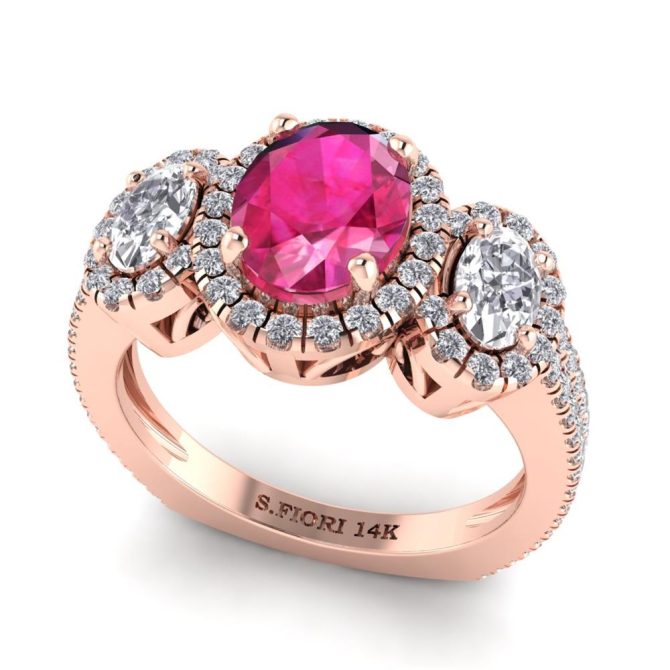 Rose Gold Oval Cut Pink Sapphire Three Stone Ring