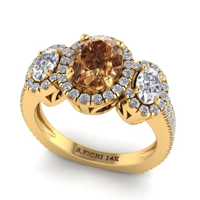 Yellow Gold Oval Cut Cognac Diamond Three Stone Ring