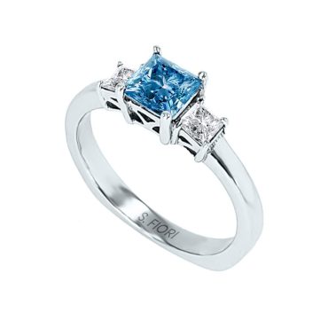 14K White Gold Princess Cut Three Stone enhanced Blue Diamond Ring 1.03 CTW