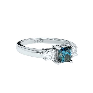 14K White Gold Princess Cut enhanced Blue Diamond Three Stone Ring 1.25 CTW