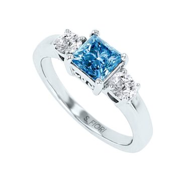 14K White Gold Princess Cut enhanced Blue Diamond Three Stone Ring 1.25 CTW
