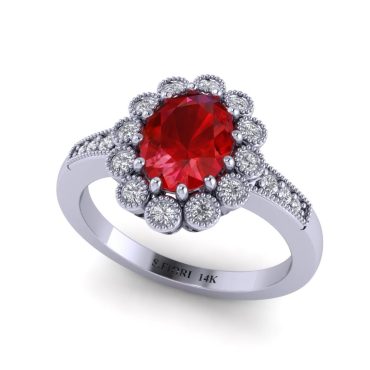 14K White Gold Oval brilliant Ruby and Round Diamond Ring 1.65 CTW