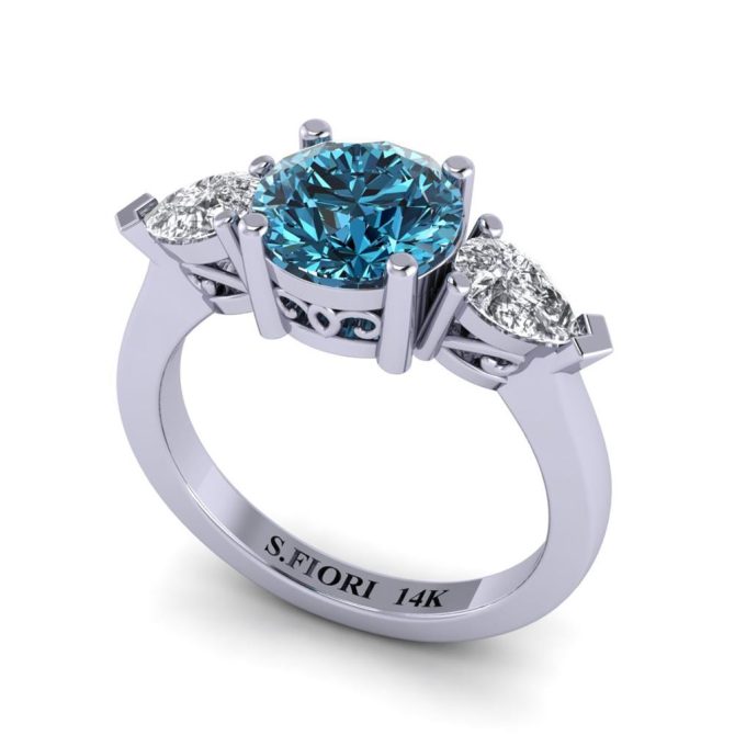 White Gold Round Cut Blue Diamond Three Stone Ring