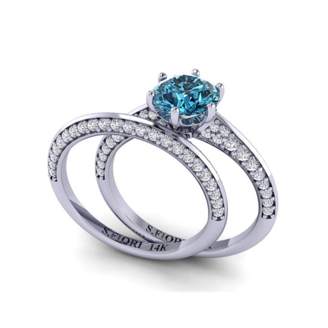 White Gold Round Cut Blue Diamond Bridal Ring