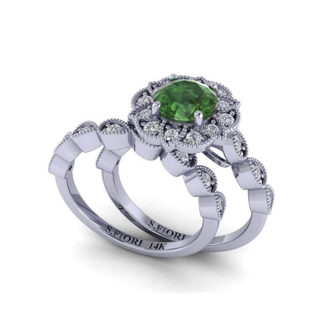 White Gold Round Cut Green Diamond Bridal Ring