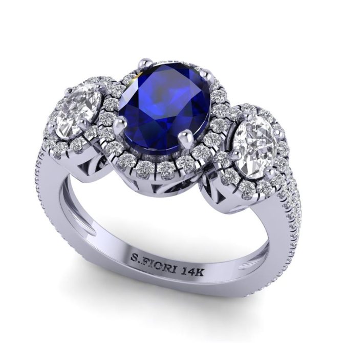 White Gold Oval Cut Blue Sapphire Three Stone Ring