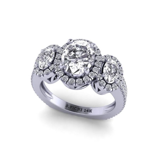 White Gold Oval Cut White Diamond Three Stone Ring