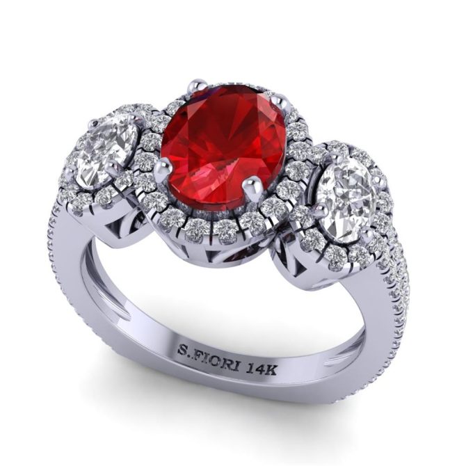 White Gold Oval Cut Red Ruby Three Stone Ring