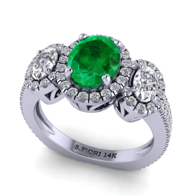 White Gold Oval Cut Green Emerald Three Stone Ring