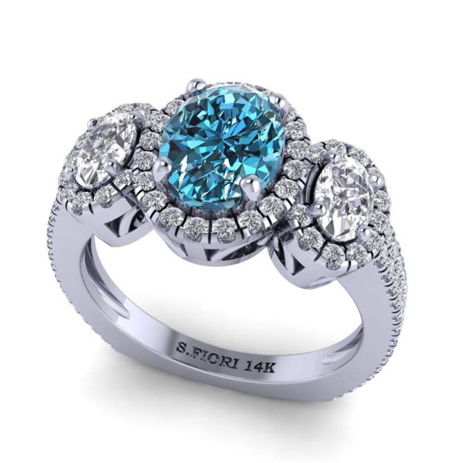 White Gold Oval Cut Blue Diamond Three Stone Ring