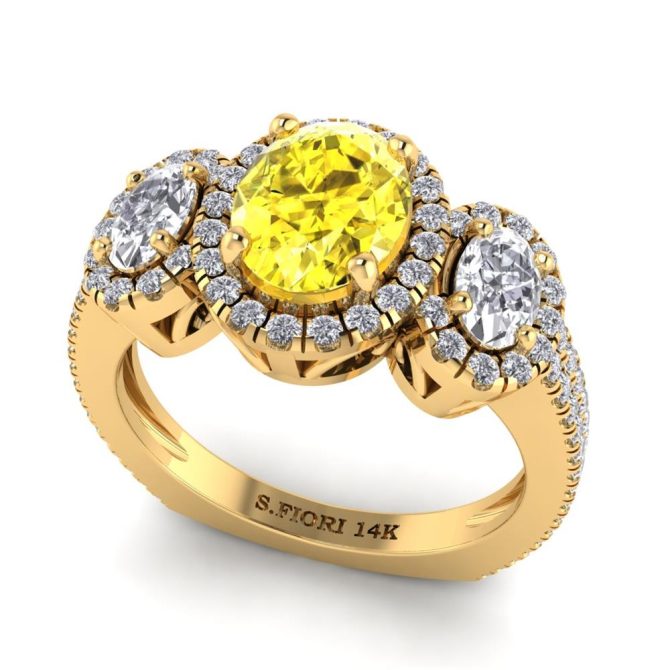 Yellow Gold Oval Cut Yellow Diamond Three Stone Ring