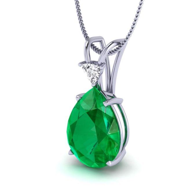 White Gold Pear Cut Green Emerald Pendant