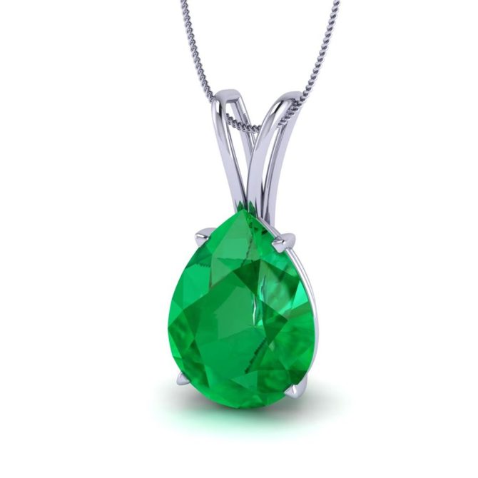 White Gold Pear Cut Green Emerald Pendant