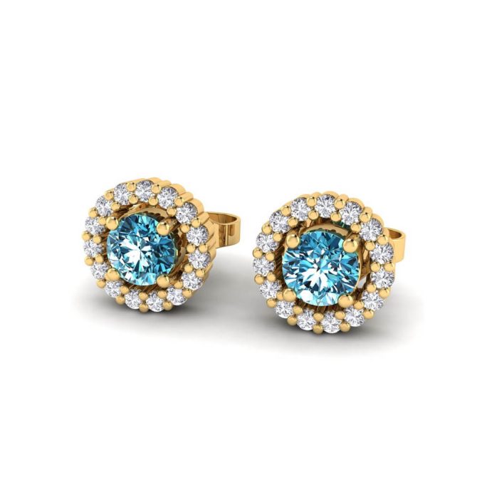 Yellow Gold Round Cut Blue Diamond Earrings