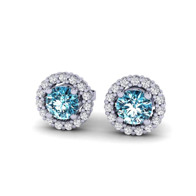 White Gold Round Cut Blue Diamond Earrings