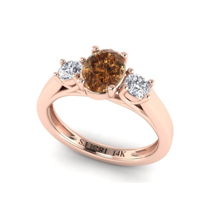 14k Rose Gold Oval Cut Three Stone Cognac Diamond Ring 1.00 CTW