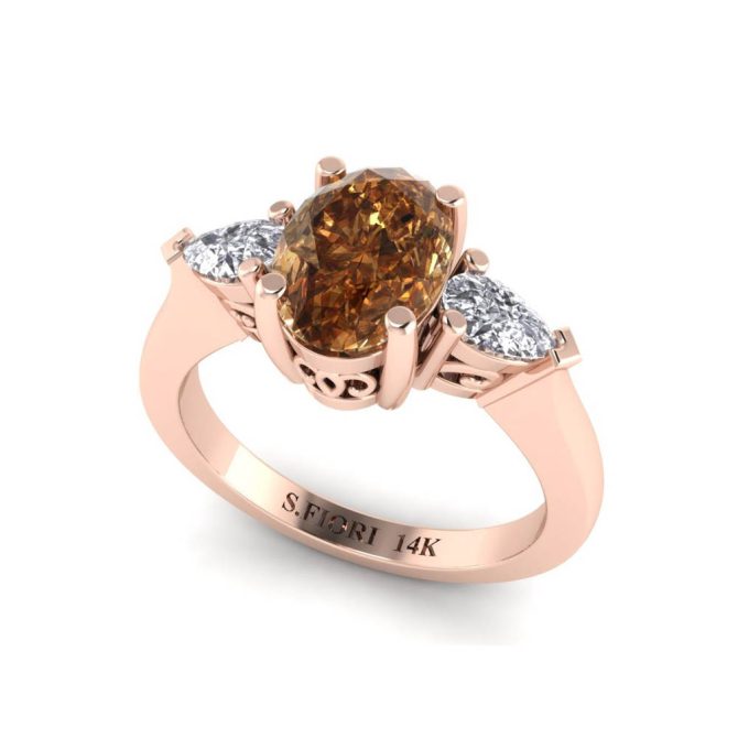 14K Rose Gold Oval Cut Cognac Diamond Three Stone Ring 1.24 CTW