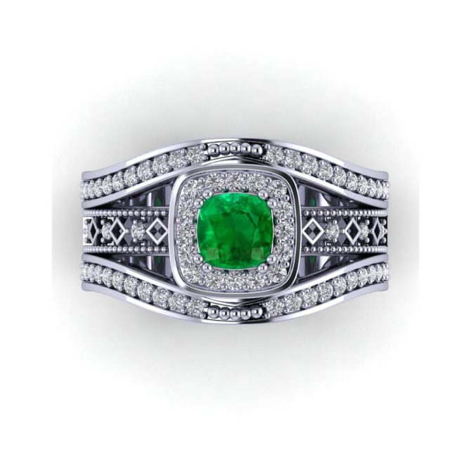 14k White Gold Emerald Cut Emerald Victoria Ring 1.36 CTW