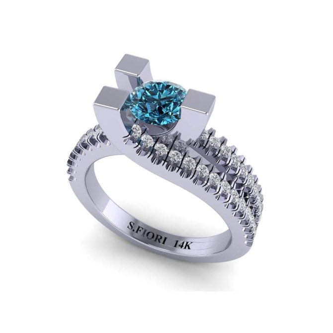 14k White Gold Round Cut Blue Diamond Venus Ring 0.88 CTW