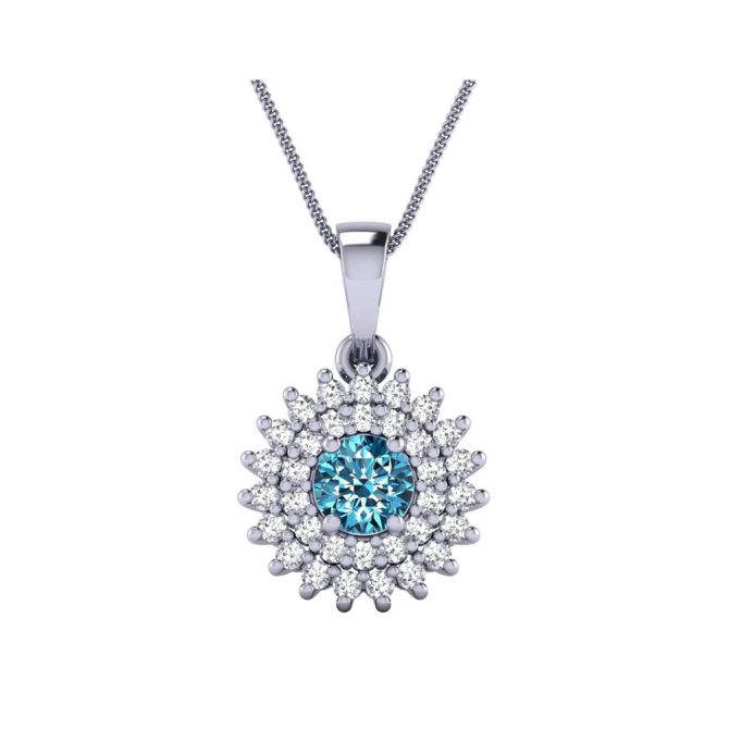 14K White Gold Round Cut Blue Diamond Pendant 0.62 CTW