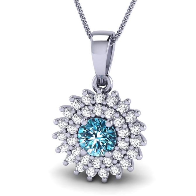 14K White Gold Round Cut Blue Diamond Pendant 0.62 CTW