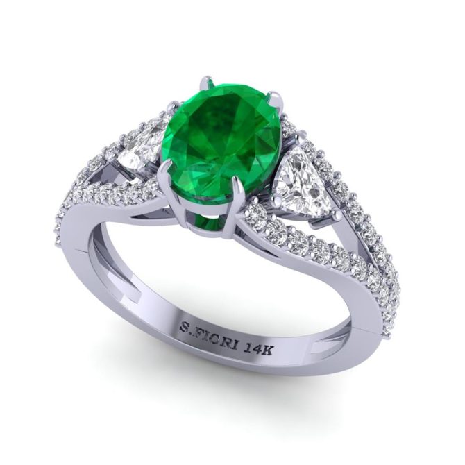 White Gold Oval Cut Green Emerald Ring