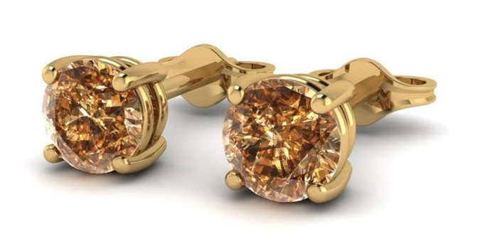 Yellow Gold Round Brilliant Cut Cognac Diamond Earrings