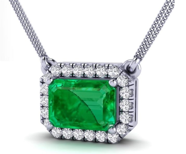 14K White Gold, Emerald cut cut, Green Emerald Pendant 1.39 surrounded by 0.14 Round white Diamond Lab