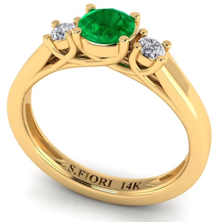 14K Yellow Gold Round Brilliant Cut Green Emerald Ring 0.73 CTW