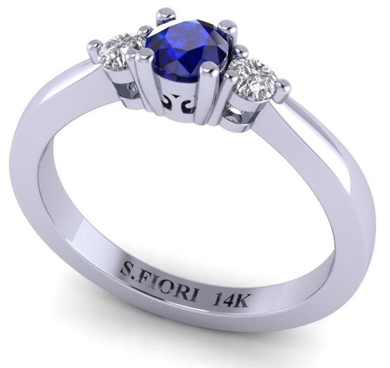 14K White Gold Round Brilliant Cut Blue Sapphire Three Stone Ring