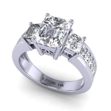 Emerald cut shaped Three stone Ring Featuring  in 14K Gold 1.80 Carats