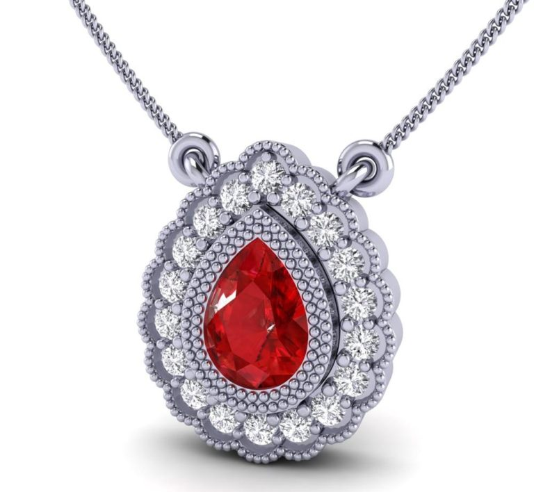 14K White Gold Pear-Cut Red Ruby Pendant