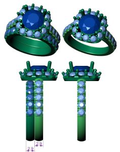 High-resolution 3D CAD rendering of a custom engagement ring — view from multiple angles