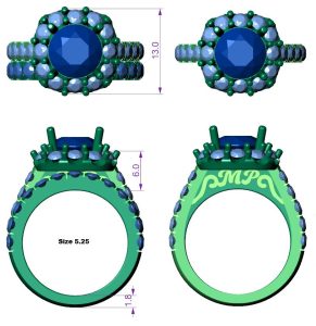 High-resolution 3D CAD rendering of a custom engagement ring — view from multiple angles