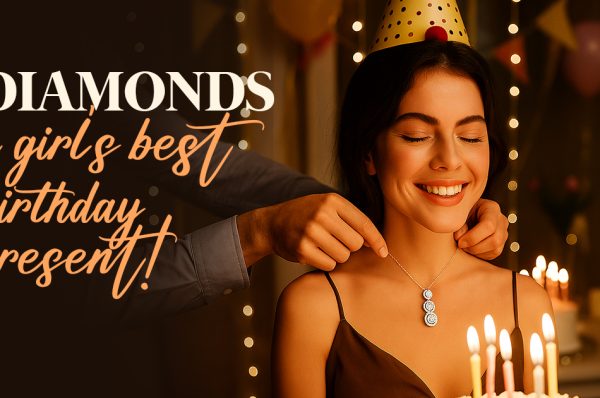 Smiling woman wearing a birthday hat receives a diamond pendant necklace as a gift, with glowing candles in front and the text “Diamonds a girl’s best birthday present!”