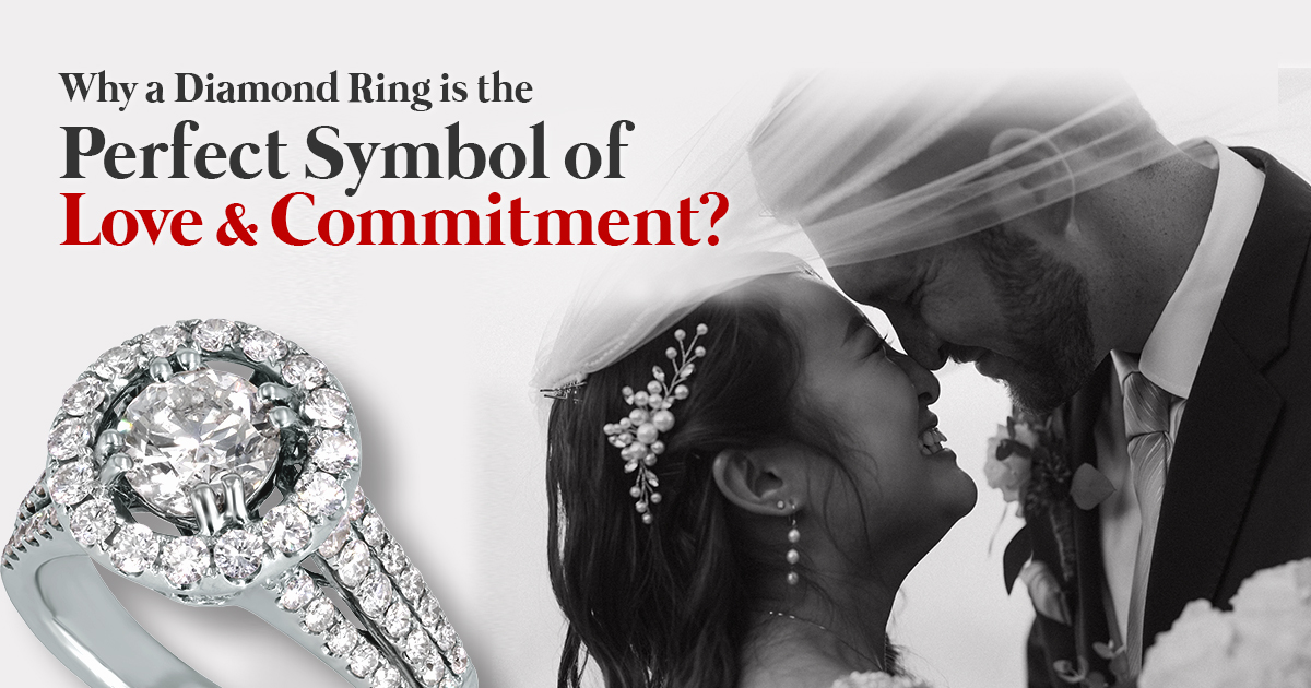 Engagement ring with a halo of diamonds alongside a black-and-white photo of a bride and groom embracing under a veil, with text reading: “Why a Diamond Ring is the Perfect Symbol of Love & Commitment?”