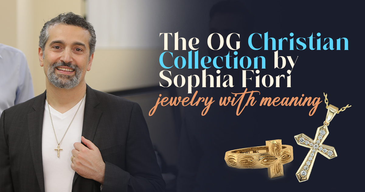 A man wearing a gold cross necklace from Sophia Fiori’s OG Christian Collection, alongside product images of a cross pendant and ring, with text overlay: “The OG Christian Collection by Sophia Fiori — jewelry with meaning.”