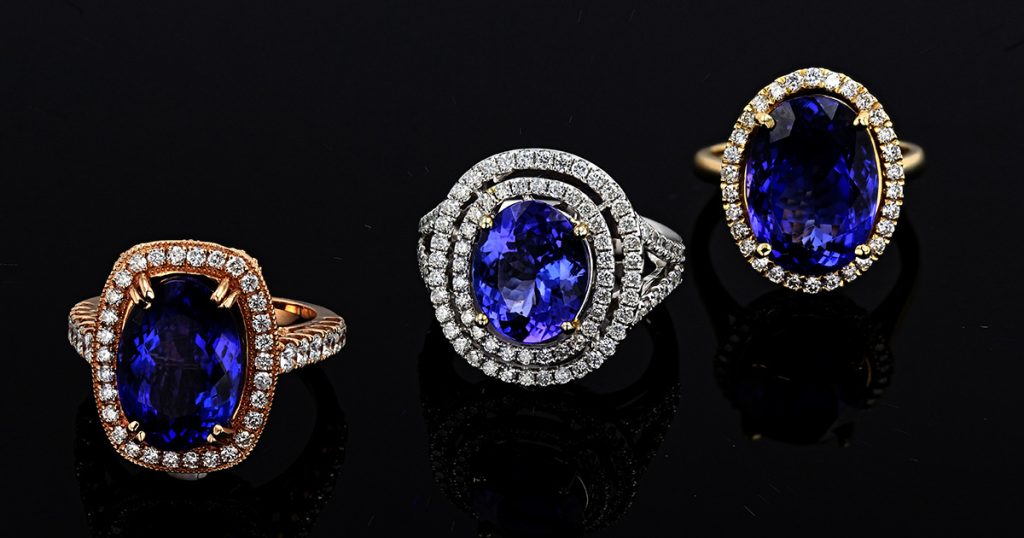 Trio of tanzanite and diamond rings in rose, white, and yellow gold from Sophia Fiori’s December birthstone collection.