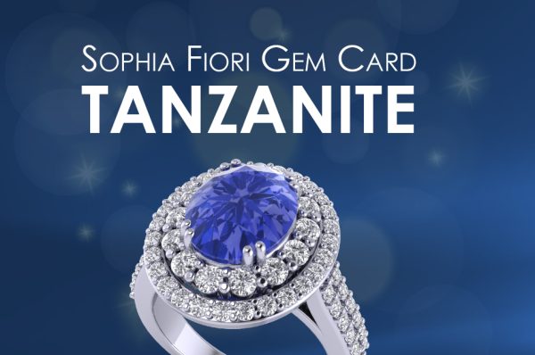 Sophia Fiori Gem Card banner featuring Tanzanite ring with diamond halo on blue background.