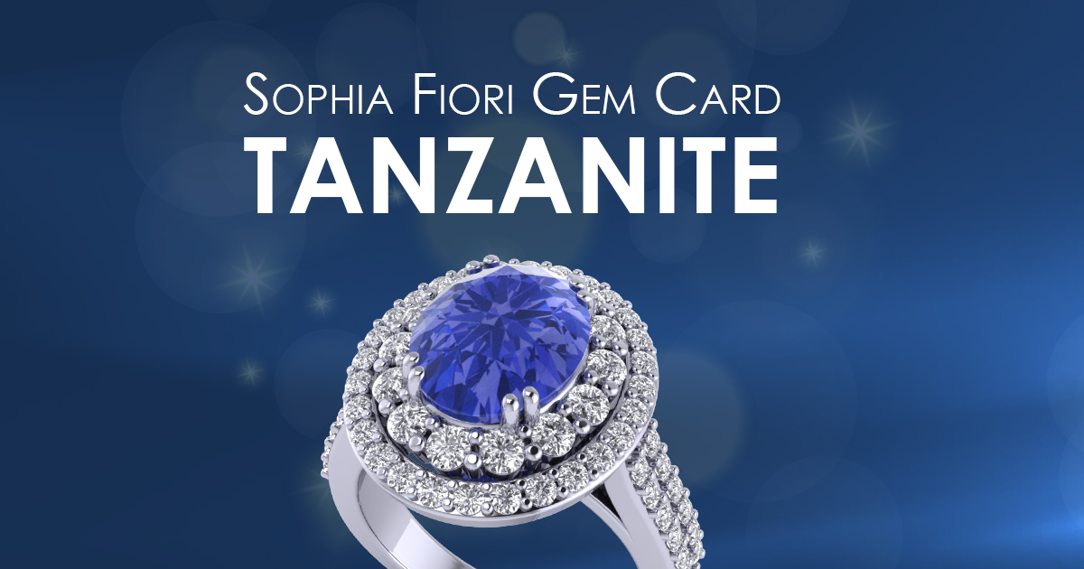 Sophia Fiori Gem Card banner featuring Tanzanite ring with diamond halo on blue background.