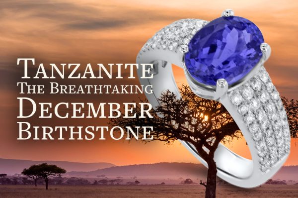 Tanzanite ring with a vivid blue-violet gemstone and diamond accents, photographed over a Tanzanian sunset to represent the December birthstone by Sophia Fiori.