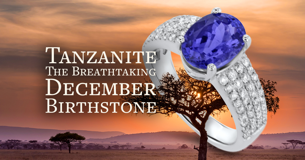 Tanzanite ring with a vivid blue-violet gemstone and diamond accents, photographed over a Tanzanian sunset to represent the December birthstone by Sophia Fiori.